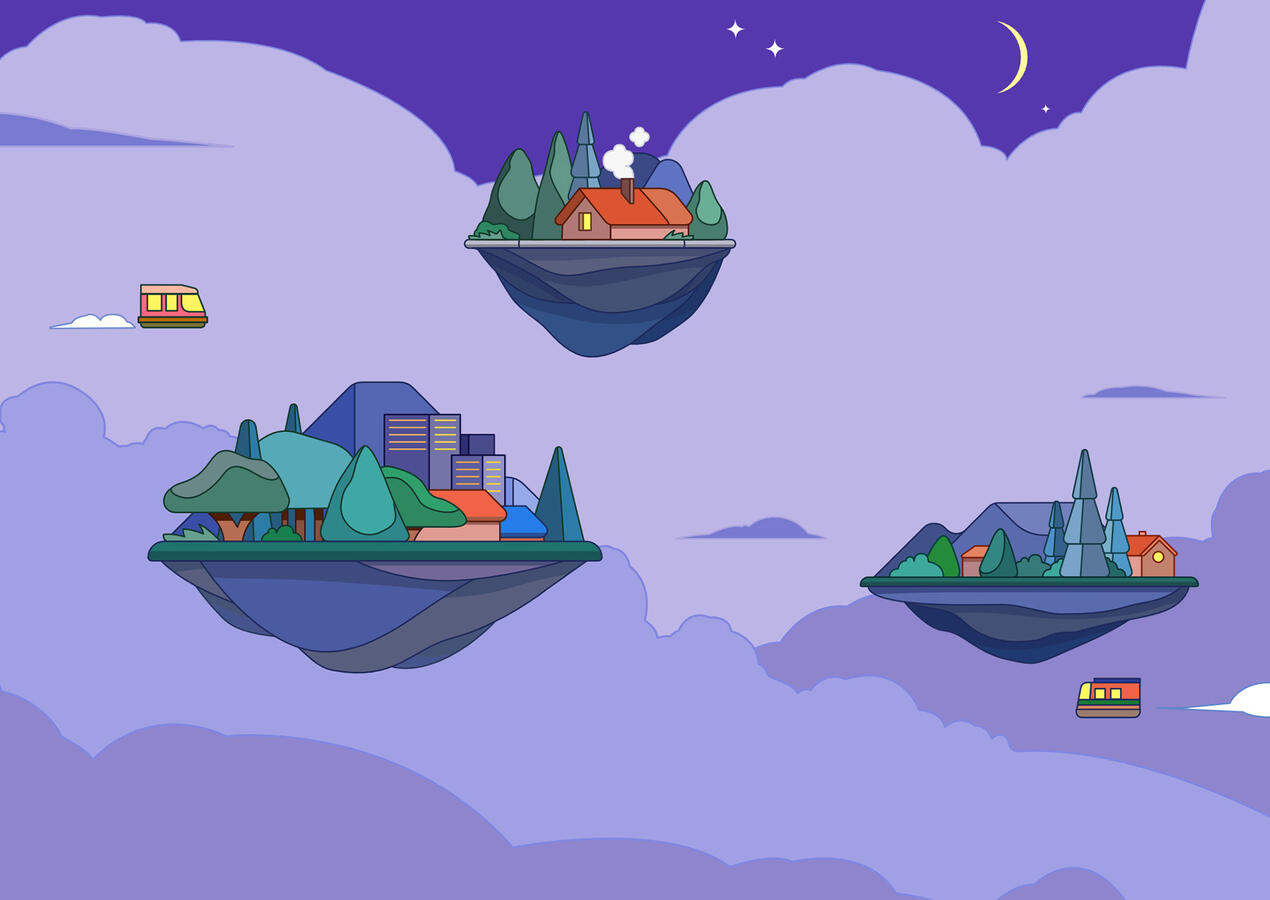 Une illustration de Lucas Saenger représentant des îles habitées dans les nuages de nuit.