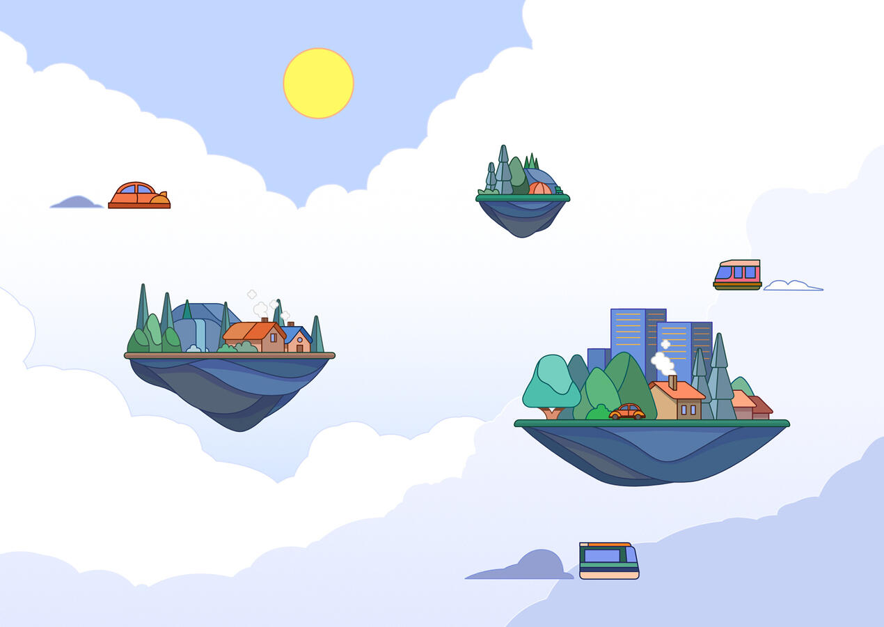 Une illustration de Lucas Saenger représentant des îles habitées dans les nuages au matin.