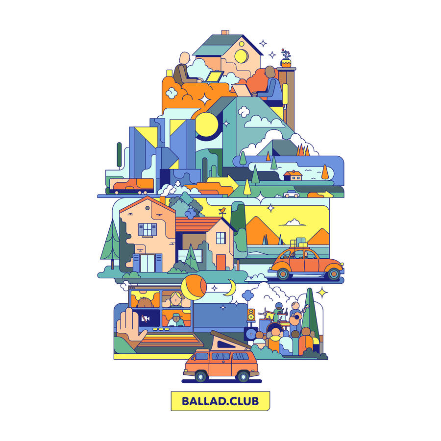 Une illustration de Lucas Saenger pour Ballad Club. Des éléments représentant le coworking, le télétravail à la campagne, et des paysages.