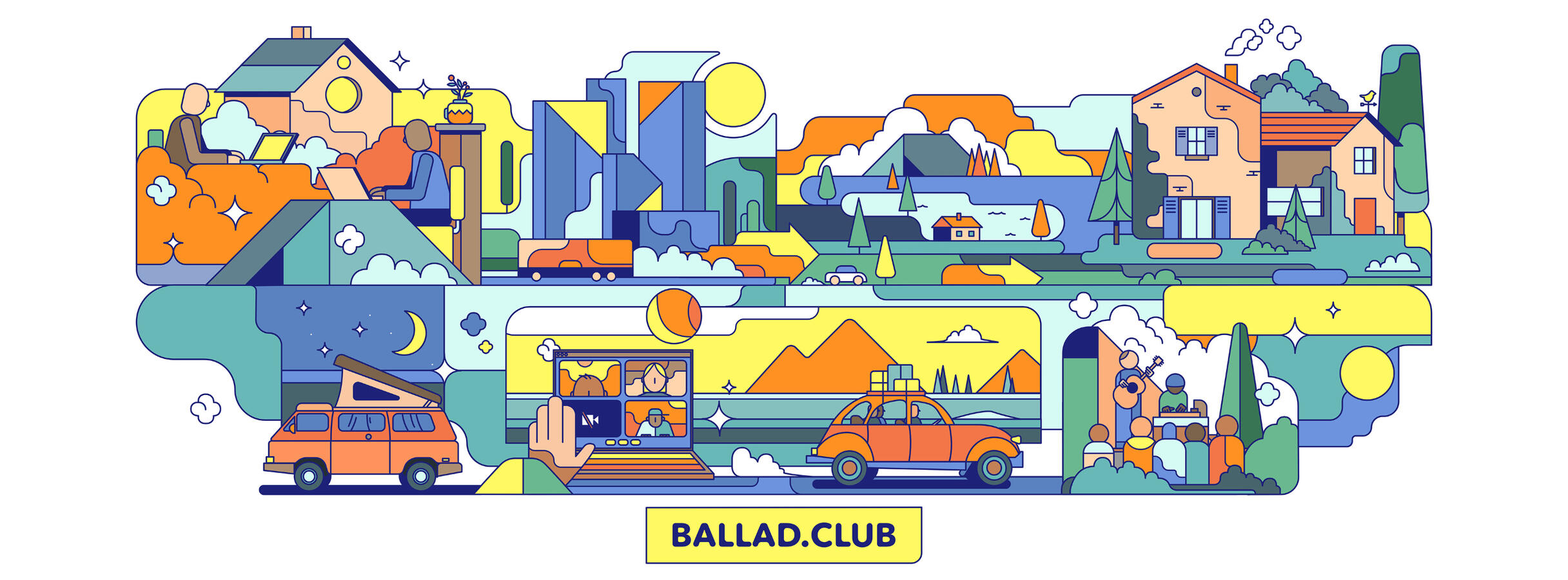 Une illustration de Lucas Saenger pour Ballad Club. Des éléments représentant le coworking, le télétravail à la campagne, et des paysages.