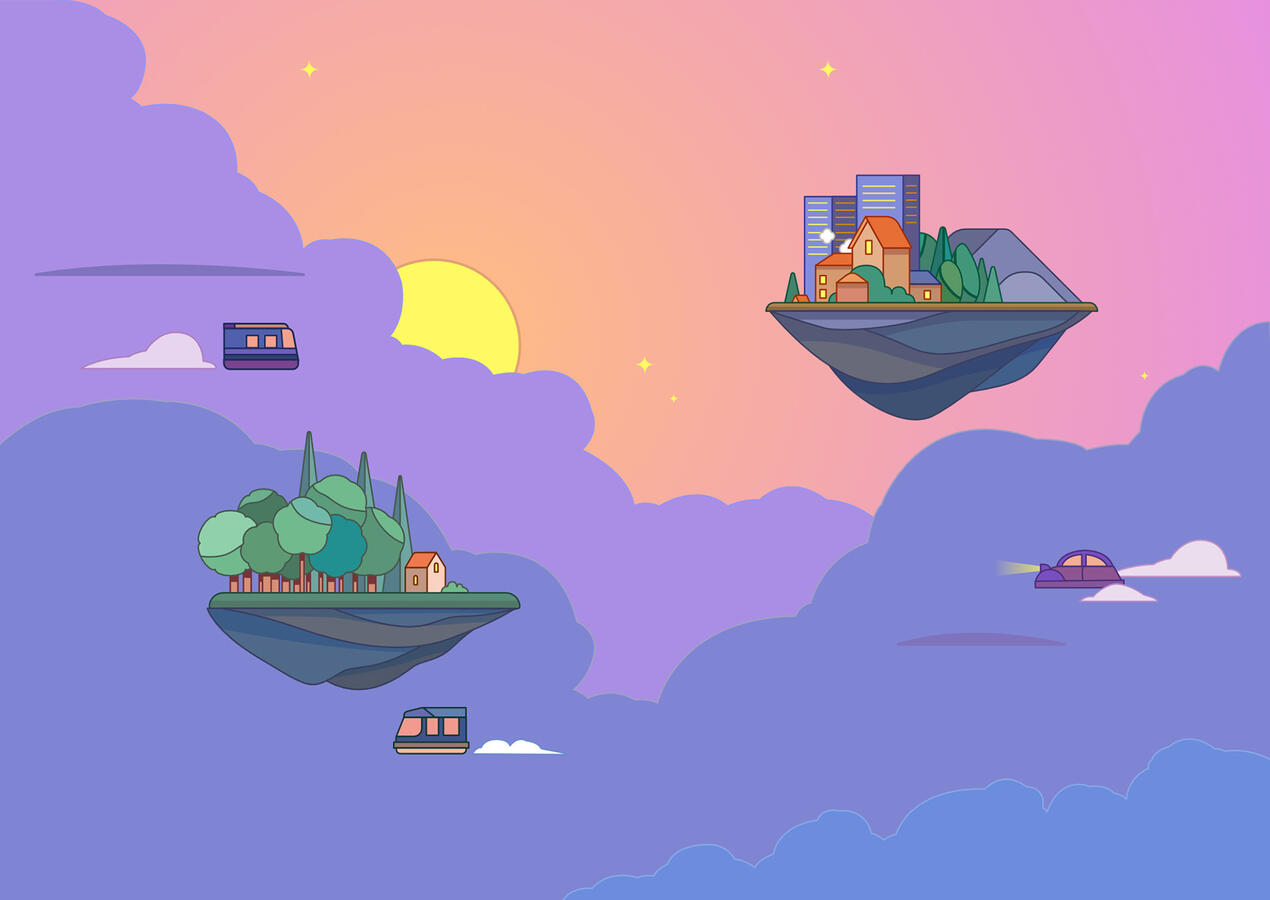 Une illustration de Lucas Saenger représentant des îles habitées dans les nuages au crépuscule.