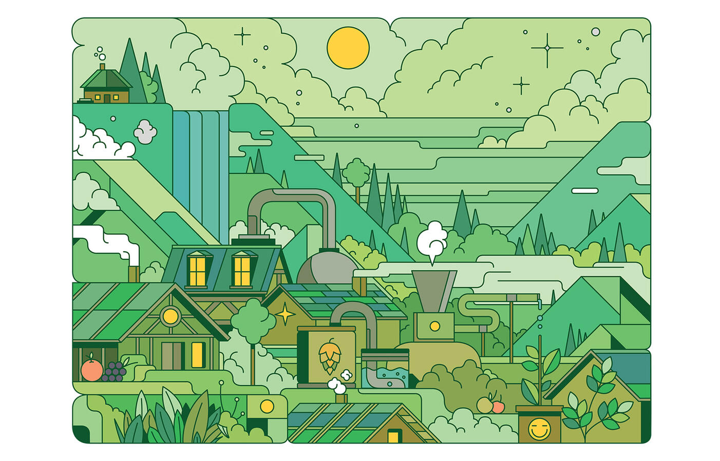 Visuel par Lucas Saenger. Le visuel montre une ville brasserie dans des tons de verts, au milieu des montagnes.