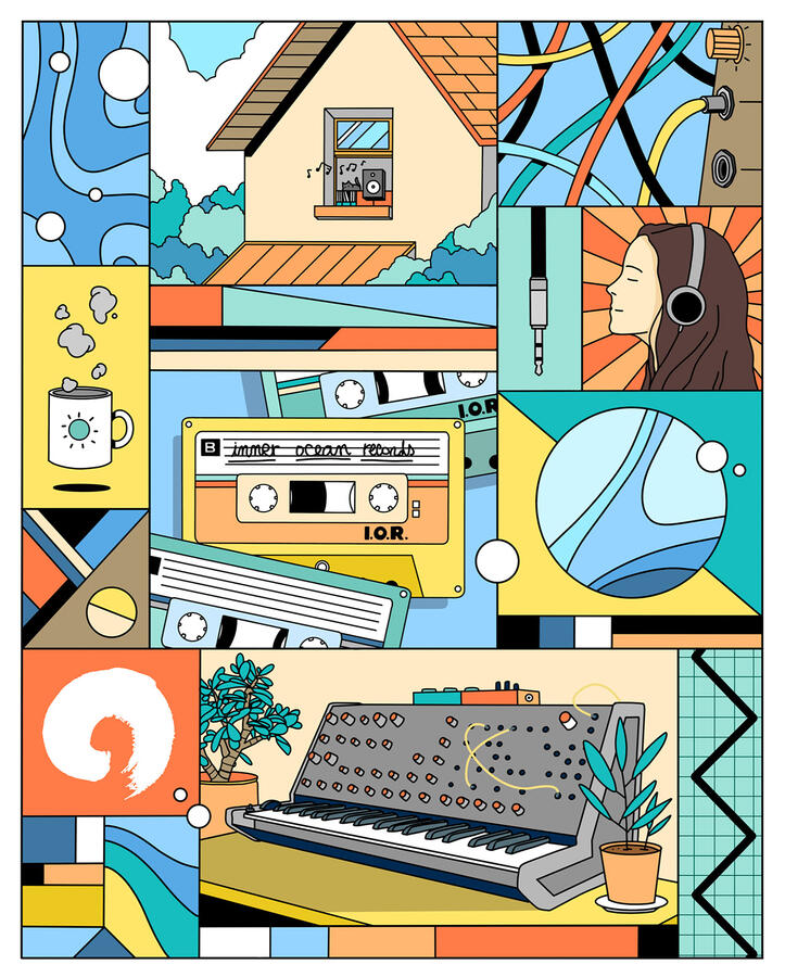 Illustration de Lucas Saenger sur le thème de la musique. Une composition en cases pour le label musical Inner ocean Records.