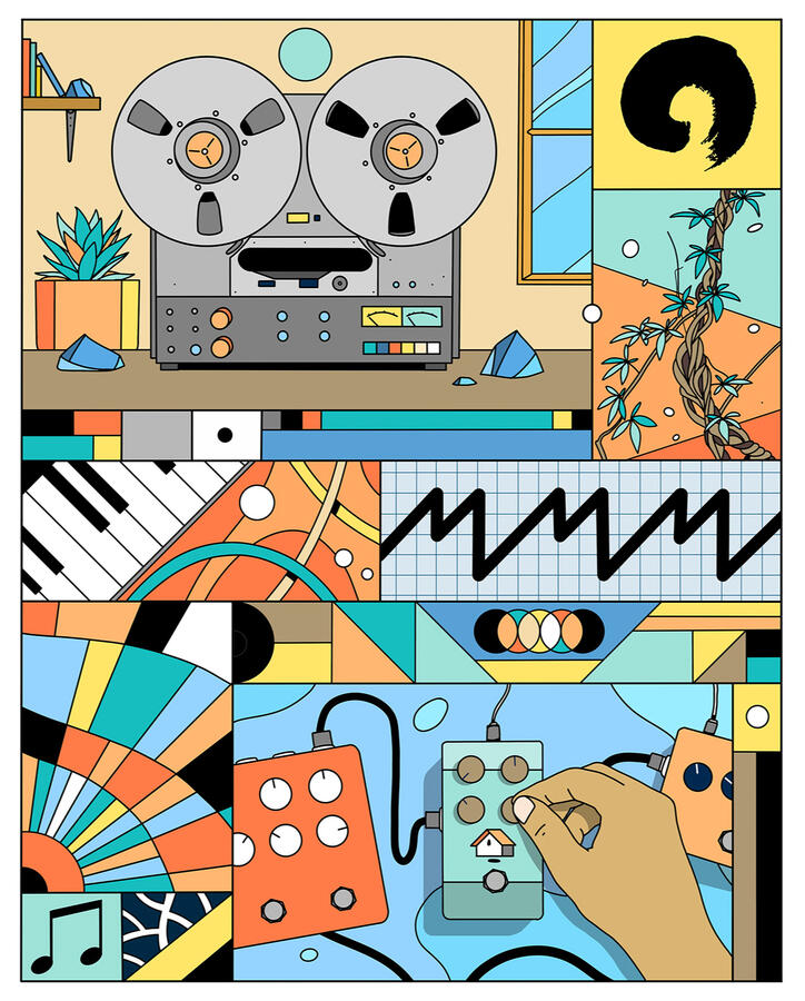 Illustration de Lucas Saenger sur le thème de la musique. Une composition en cases pour le label musical Inner ocean Records.