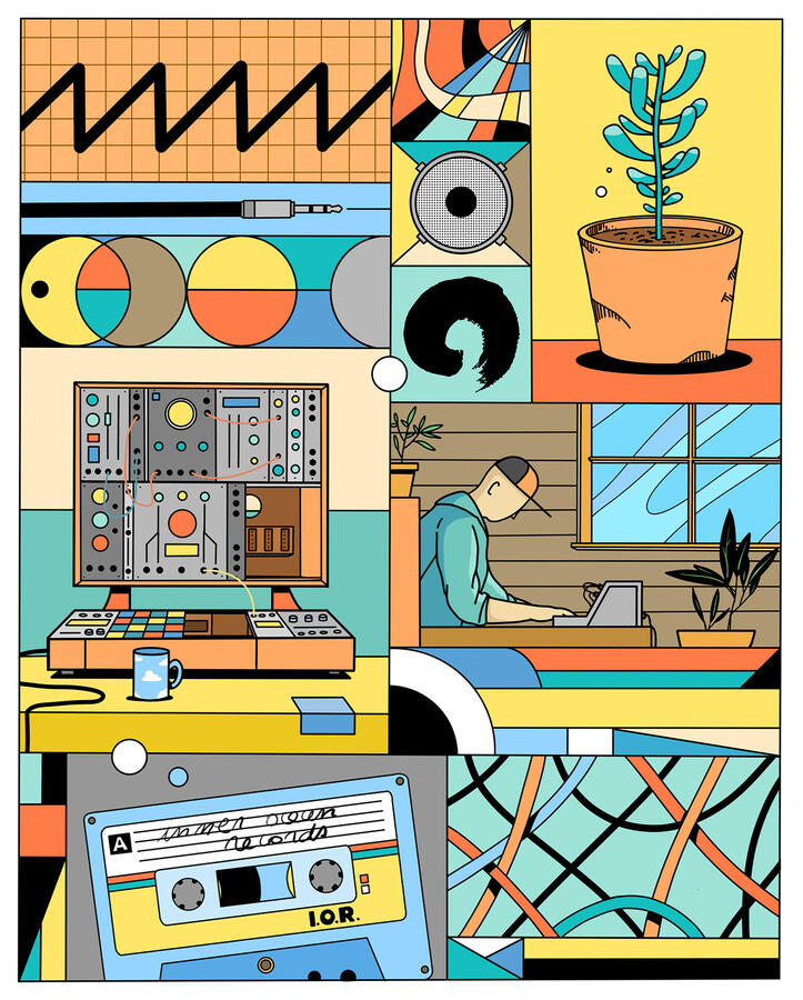 Illustration de Lucas Saenger sur le thème de la musique. Une composition en cases pour le label musical Inner ocean Records.