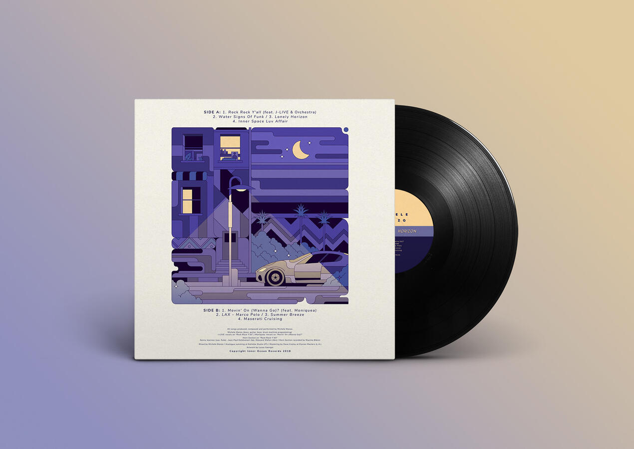 Pochette de l'album "Lonely Horizon" de Michele Manzo. Face arrière. Visuel par Lucas Saenger.