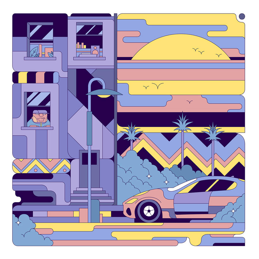 Visuel par Lucas Saenger pour l'album "Lonely Horizon" de Michele Manzo. Une scène urbaine au crépuscule.