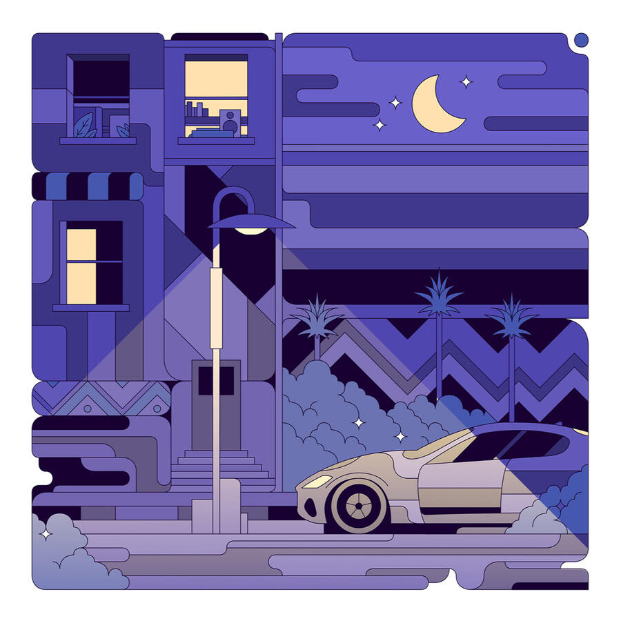 Visuel par Lucas Saenger pour l'album "Lonely Horizon" de Michele Manzo. Une scène urbaine de nuit.