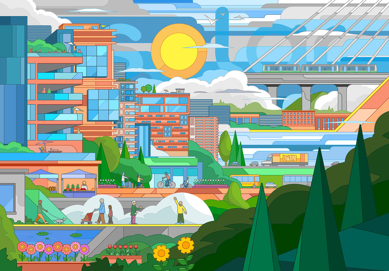 Une murale réalisée par Lucas Saenger, imprimée en grand format au Solar Uniquartier à Brossard. On y voit des bâtiments colorés et un paysage rappelant les ciels et montagnes de Montérégie.